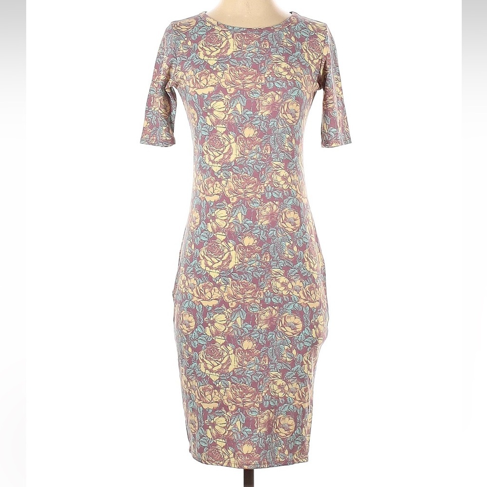LuLaRoe Julia Fitted Midi Dress Purple Roses Floral Bodycon Size XS